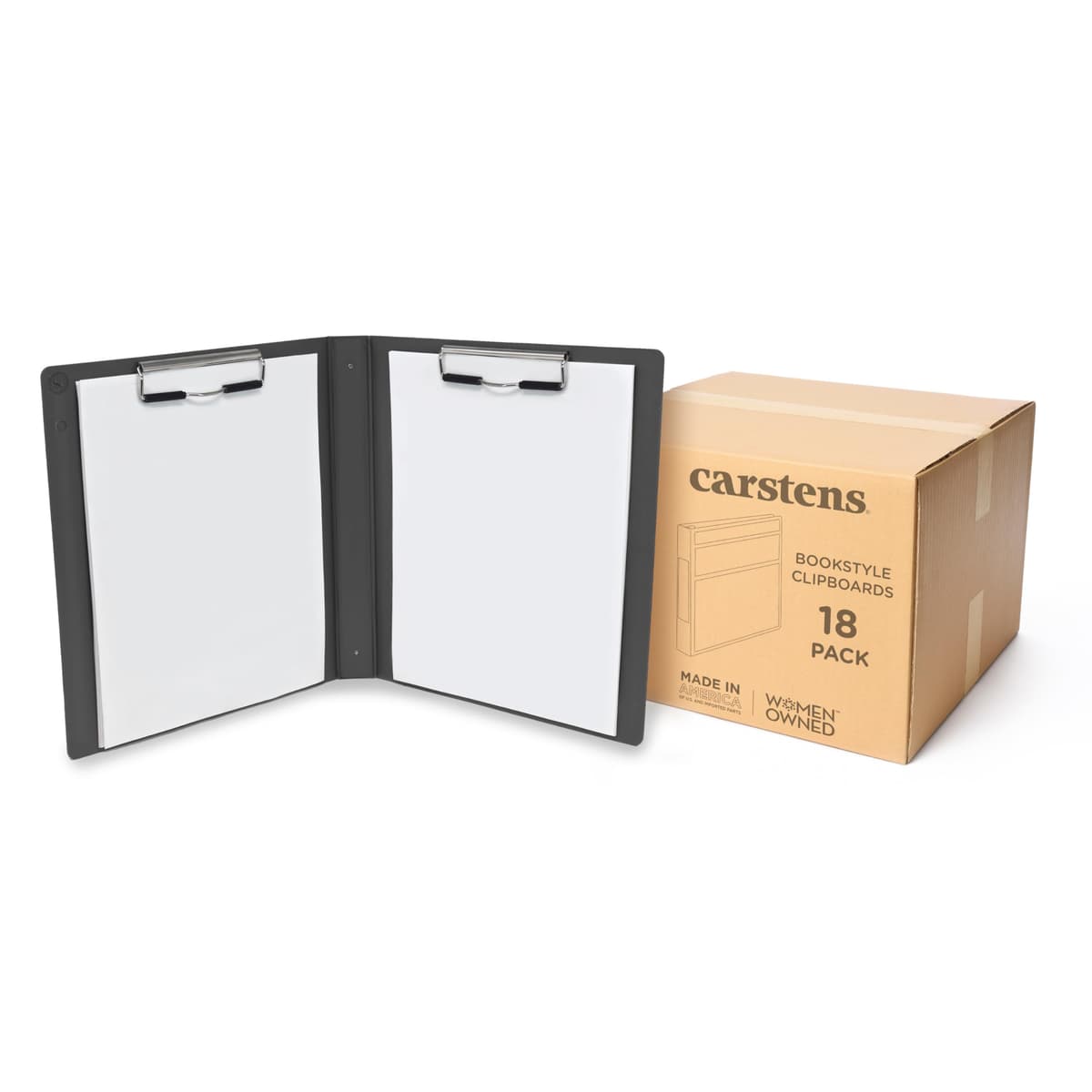 Portapapeles estilo libro resistente Carstens con cubierta, 2 sujetadores - Gris carbón, paquete de 18 9710-00CS