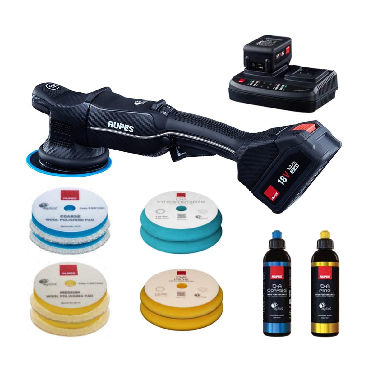 RUPES HLR15 BigFoot iBrid Pulidora Orbital Aleatoria Kit Básico con Cargador Dual y 2 Baterías HLR15/CB2/BAS
