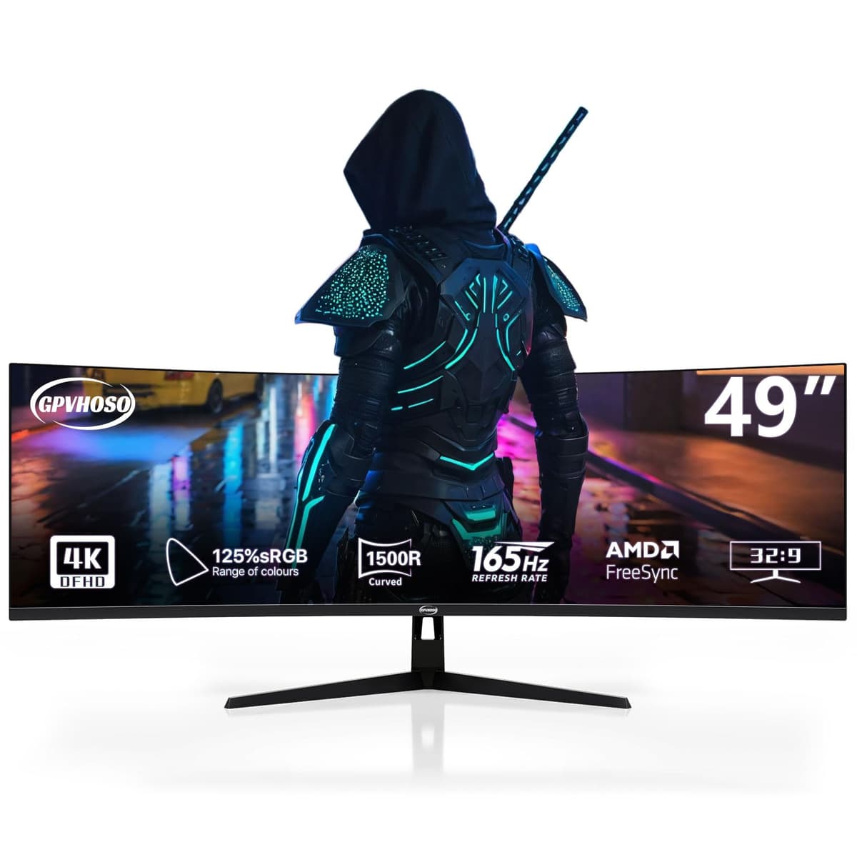 GPVHOSO Monitor Curvo Ultrawide de 49 Pulgadas para Gaming, 4K (3840×1080), 165Hz, 1500R HDR10, 32:9, AMD FreeSync, 125% sRGB, HDMI/DP VESA 100×100 mm