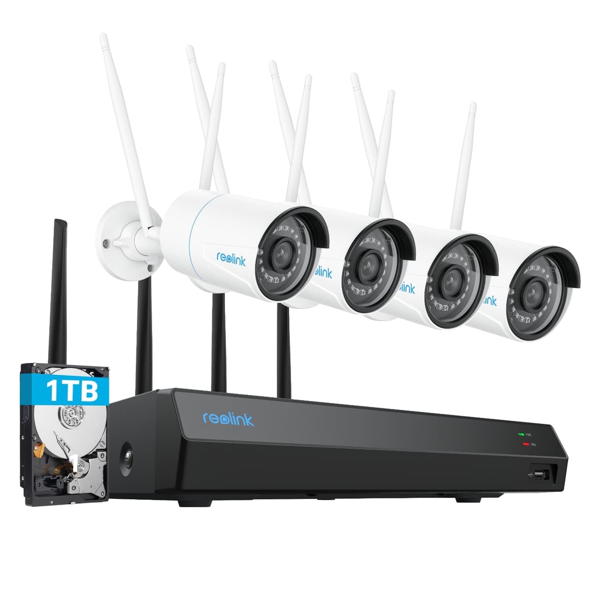 Sistema de Cámaras de Seguridad REOLINK 5MP, Wi-Fi Doble Banda 5/2.4GHz, NVR de 16 Canales con HDD de 1TB (Ampliable a 8TB), Cámaras Plug-in de Material Totalmente Metálico, Detección Inteligente, Grabación 24/7, RLK12-500WB4