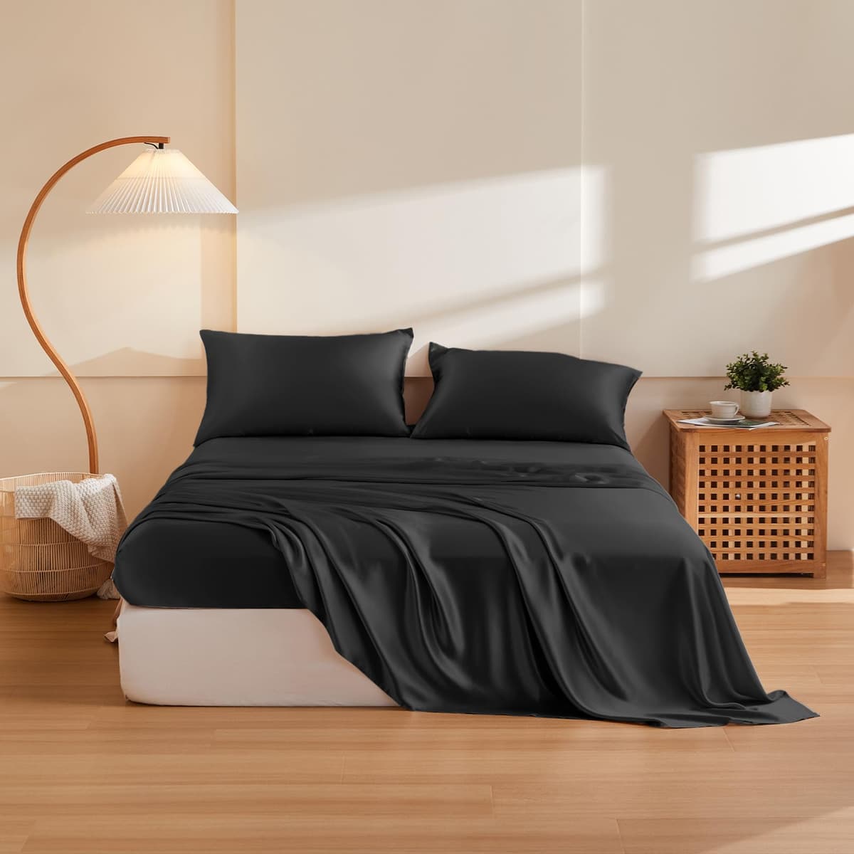 THXSILK Juego de Sábanas de Seda 100% Morera 5 Piezas 19 Momme (Split King, Black)
