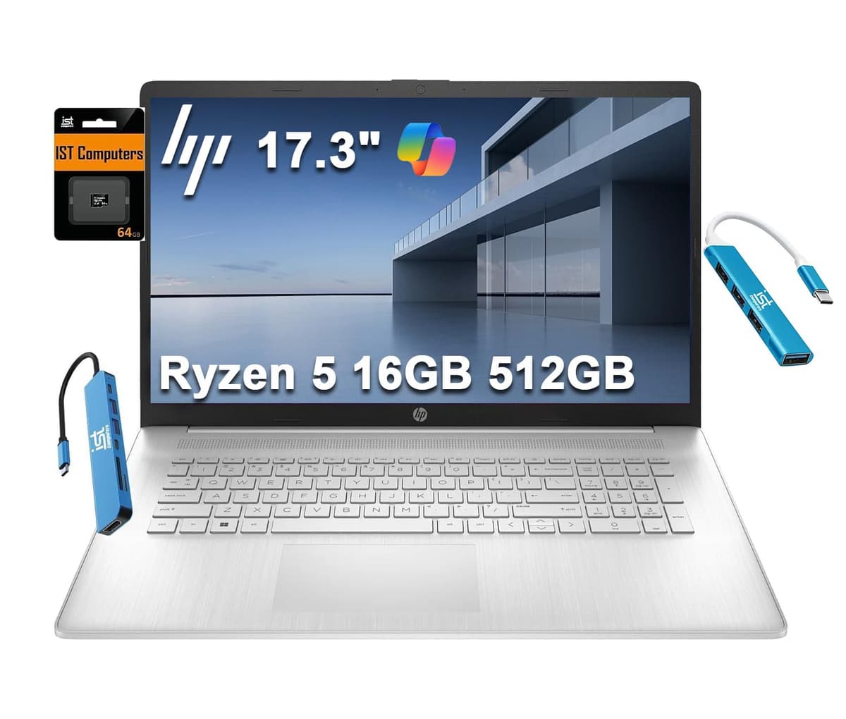 HP 17 Portátil (17.3" FHD Antirreflejo, AMD Ryzen 5 (> Intel i7-1165G7), 16GB RAM, 512GB SSD) para Negocios, Hogar, Estudiantes, Larga Duración de Batería, Cámara Web, Carga Rápida, HDMI, IST Hub, Windows 11 Pro, Plateado 17-cn0001tg
