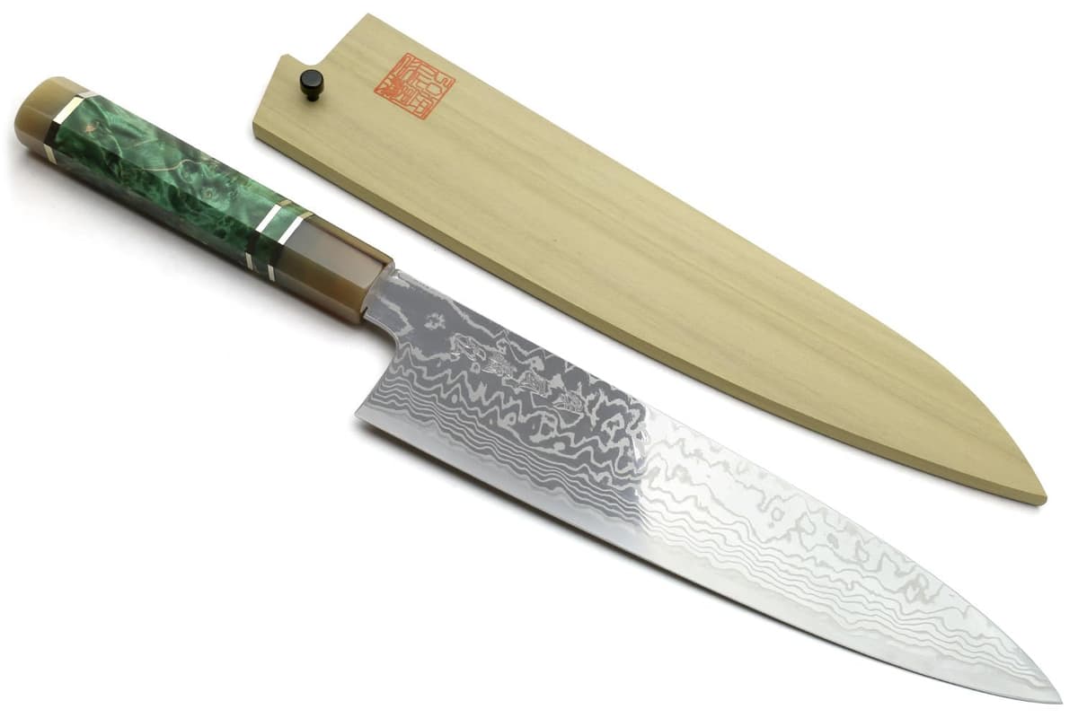 Yoshihiro HAP40 Gyuto 210mm - Acero HAP-40 Suminagashi, mango en nogal burl estabilizado, con saya HAYG30
