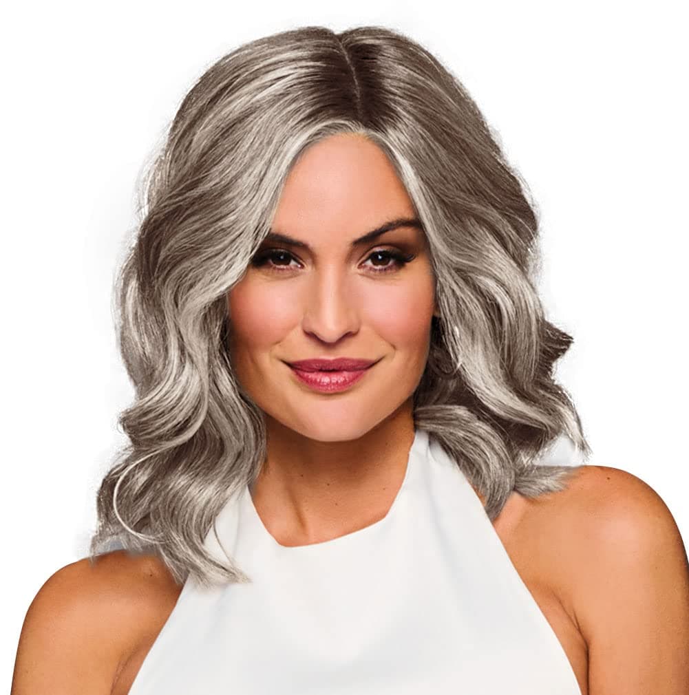 Hair u wear Raquel Welch Bella Vida peluca ondulada en capas, 100% anudada a mano, a los hombros, casquete Petite-Average, RL119 Silver And Smoke
