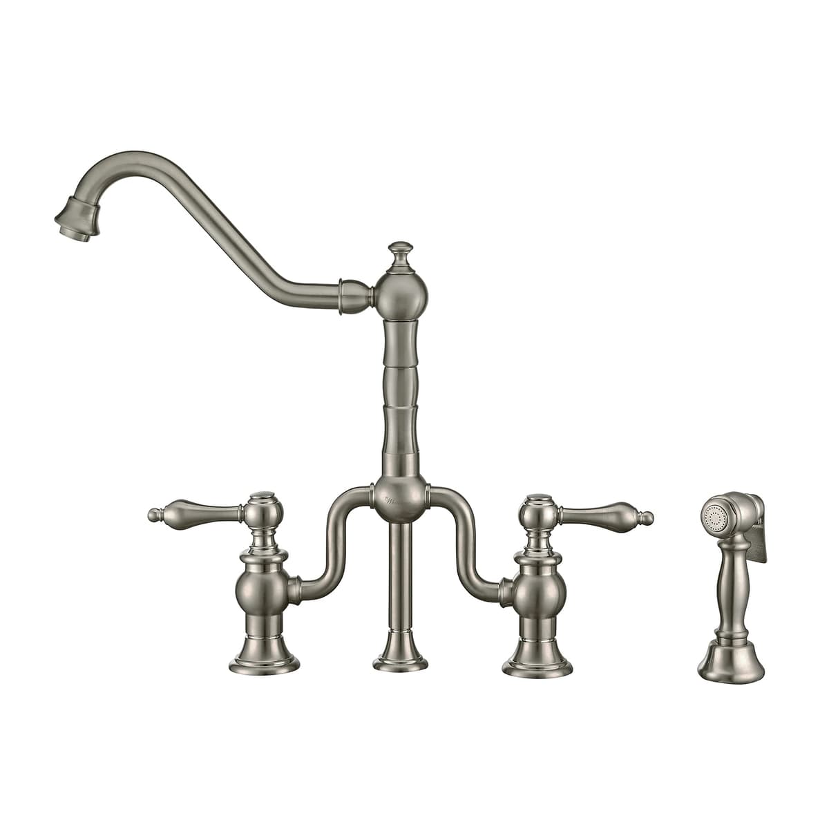 Whitehaus Collection Twisthaus Plus Grifo Bridge con Pico Giratorio Largo, Manijas de Palanca y Spray Lateral Latón WHTTSLV3-9771-NT-BN