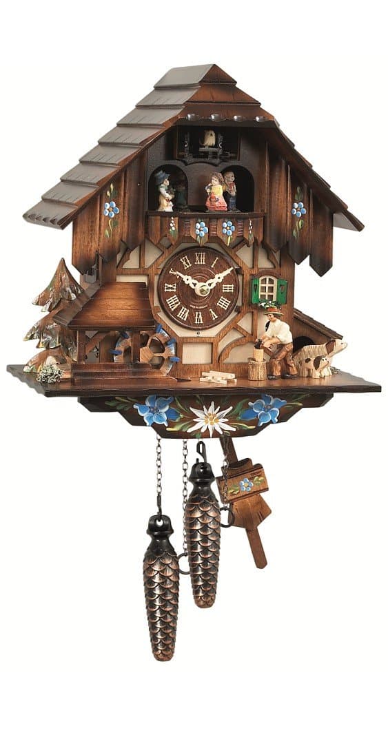 Reloj cucú Engstler de cuarzo con música Casa de la Selva Negra con leñador móvil y rueda de molino EN 463 QMT