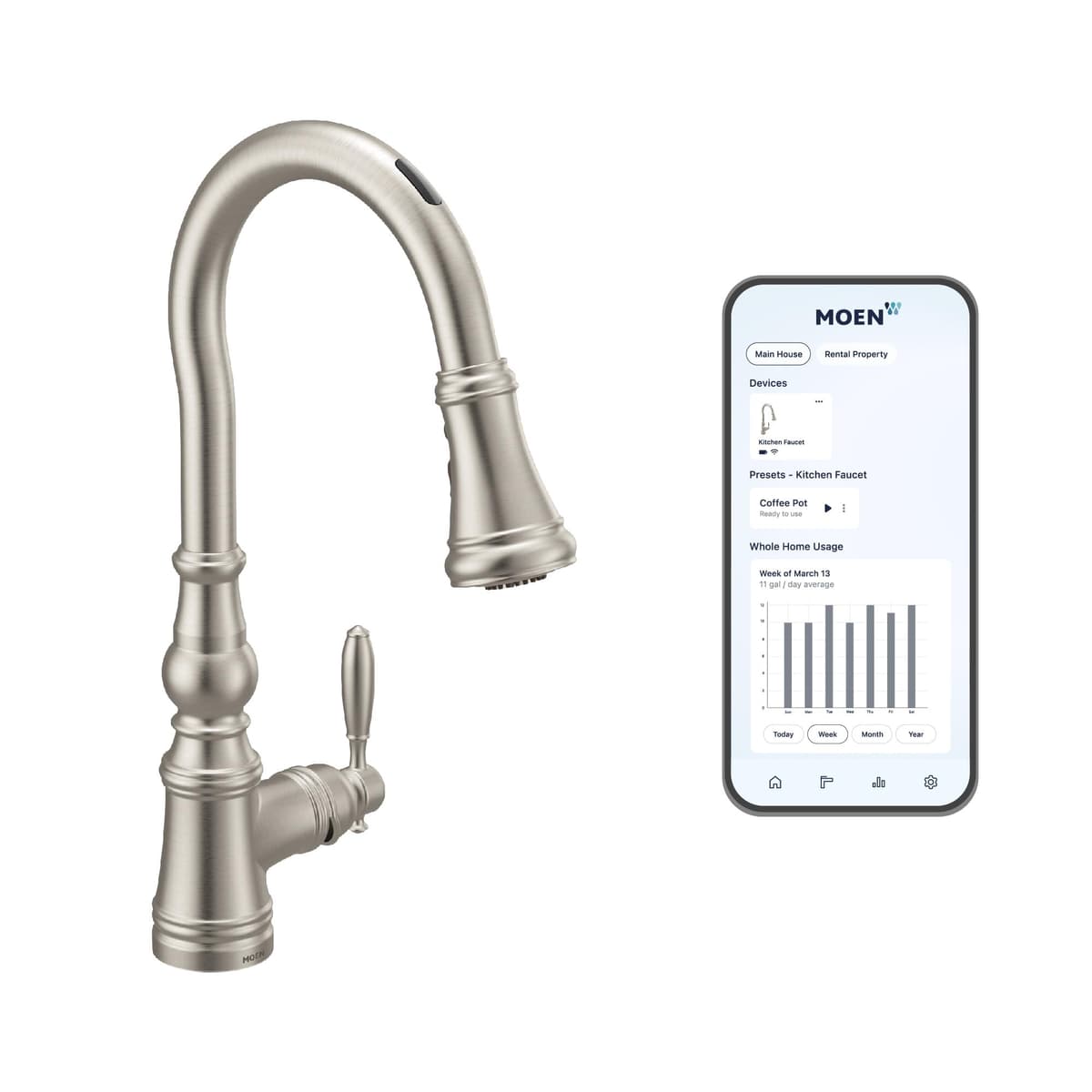 Moen S73004EVSRS Grifo inteligente Weymouth de cocina con pulverizador extraíble y sin contacto, control por voz y Power Boost, resistente a manchas de acero inoxidable
