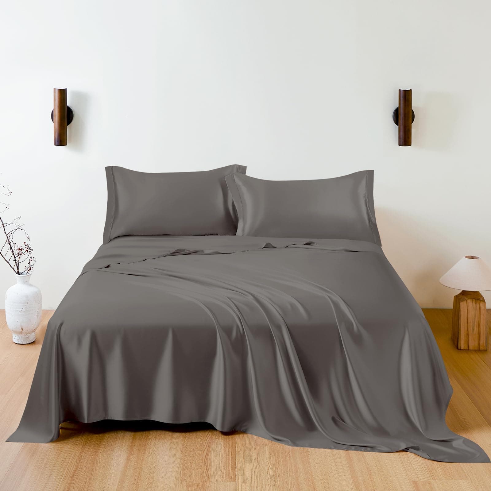 Juego de sábanas 100% seda morera THXSILK, King, Charcoal W01W25407KP