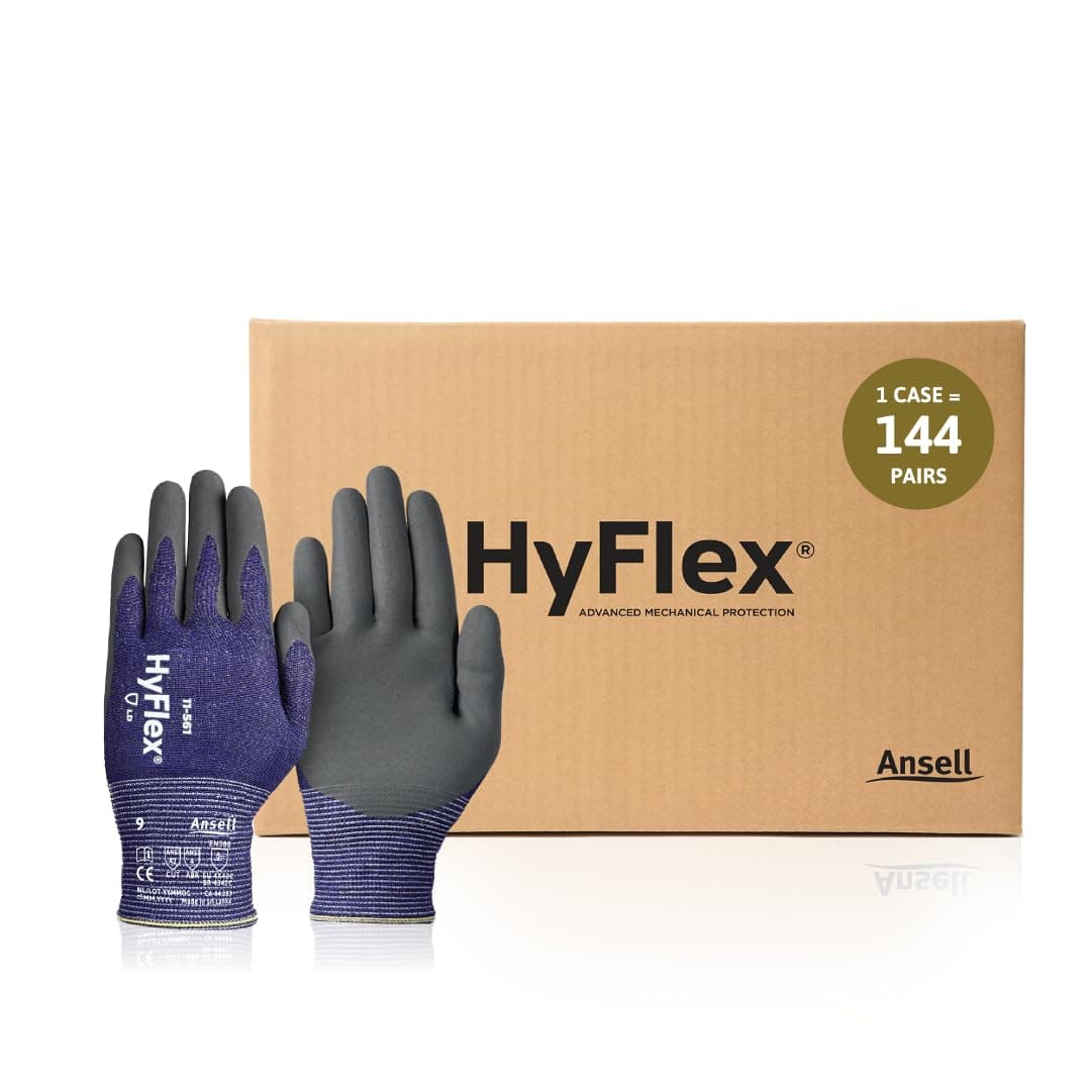 Ansell HyFlex 11-561 Guantes de trabajo ultra-ligeros A3, Talla 8, Azul (Pack 144)