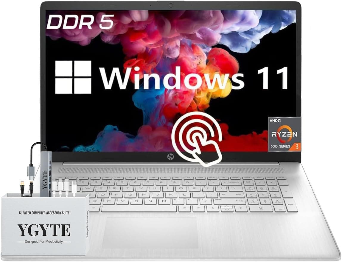 HP Laptop táctil de 17.3", pantalla HD+ táctil de 17", AMD Ryzen 3, Windows 11, 8GB DDR5 RAM, 512GB SSD, teclado numérico de 10 teclas HP 17