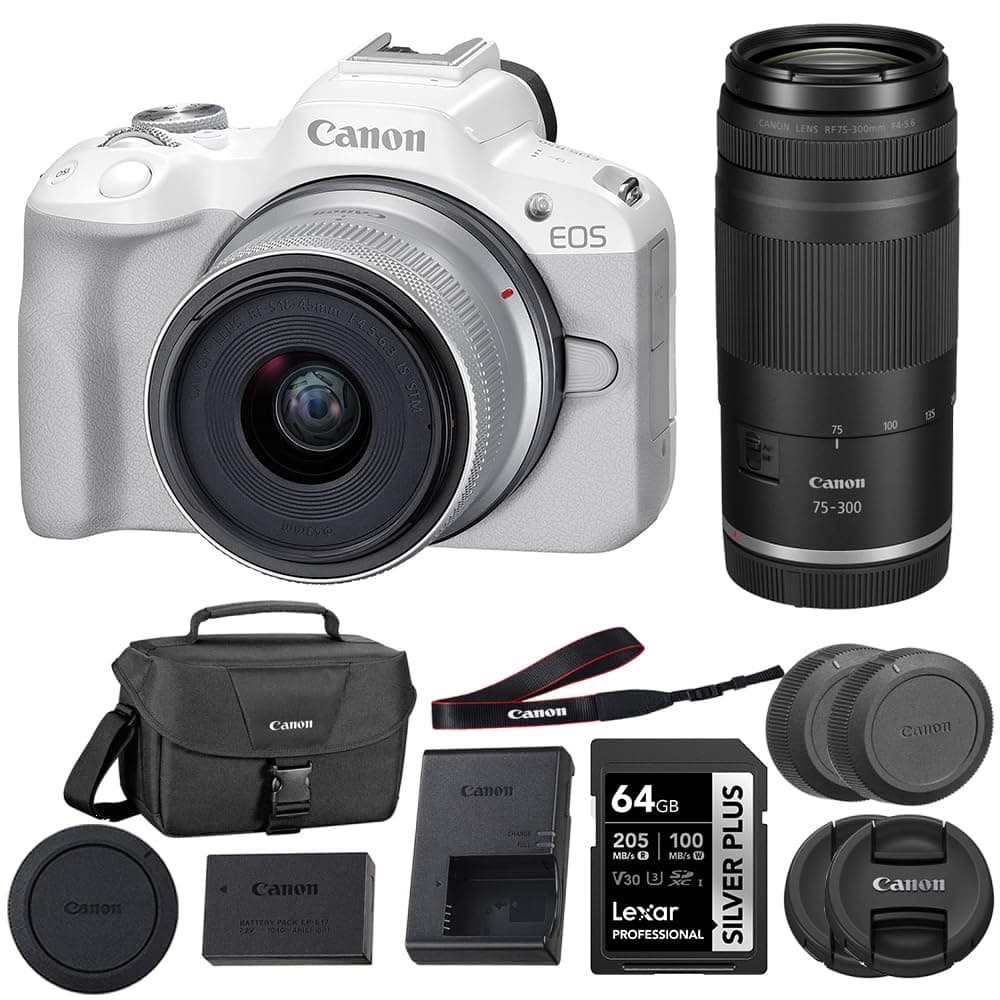 Canon EOS R50 Mirrorless Camera (Blanca) con 18-45mm y 75-300mm, 64GB + Bolso BCAN5812C012-202