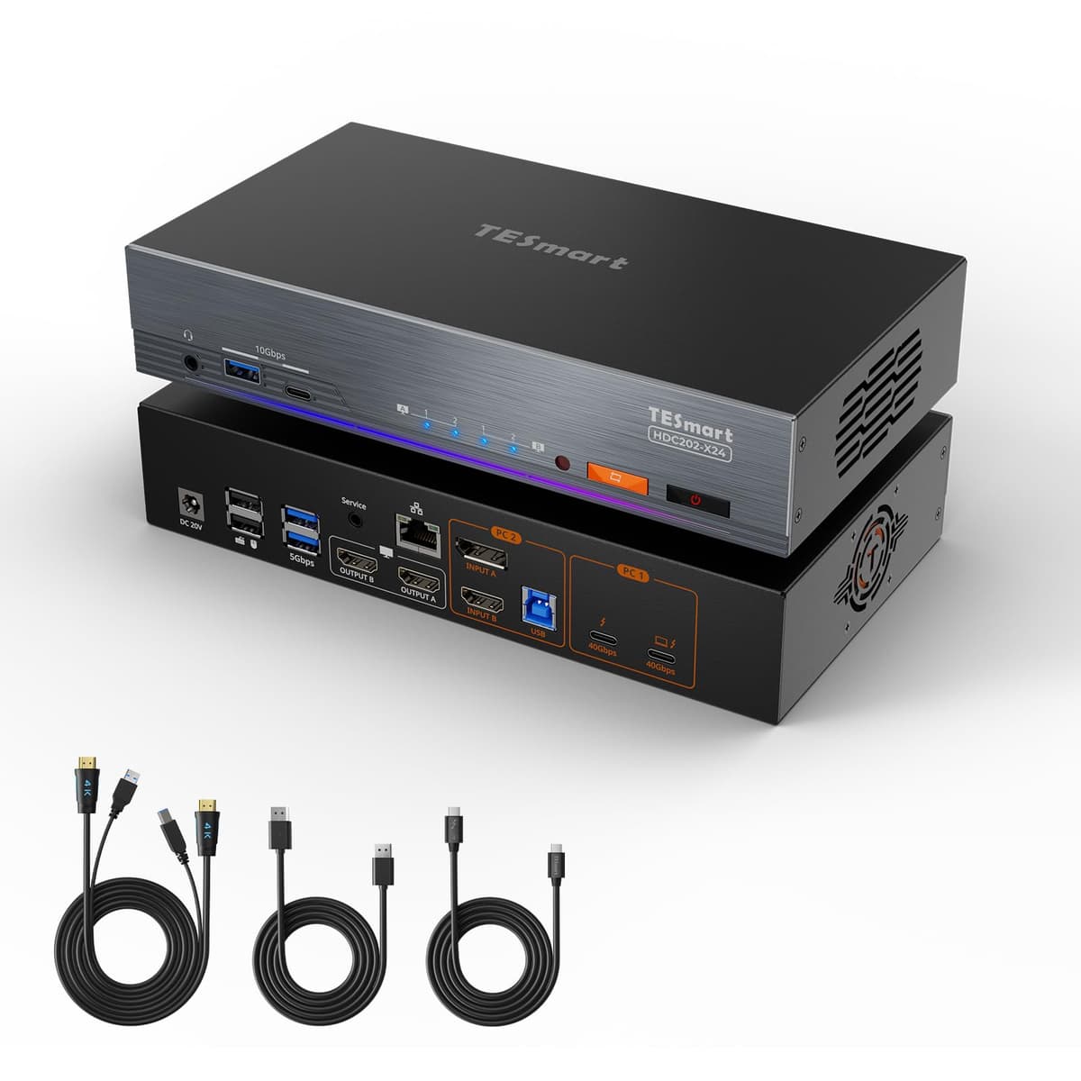 TESmart KVM Thunderbolt 4 Dual Monitor para 2 PCs con Carga 60W y Ethernet Gigabit (HDC202-X24)