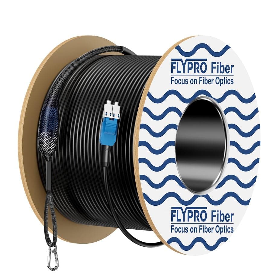 FLYPROFiber- Cable de fibra óptica blindado para exterior OS2 LC a LC 300 m/984 ft, industrial TPU, uniboot dúplex monomodo, 1G/10G, 9/125 µm con kit de ojo de izado, OD-5 mm OS2-LCU-LCU-DX-300M-TPU-ODAR-1pack