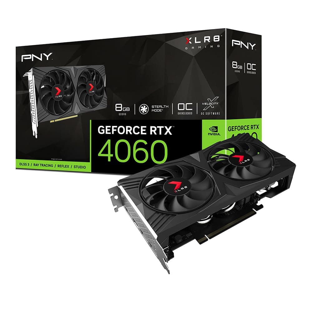PNY GeForce RTX 4060 8GB XLR8 Gaming Verto Tarjeta Gráfica OC Doble Ventilador DLSS 3 (128-bit, PCIe 4.0, GDDR6, HDMI/DisplayPort, Soporta 4K, 2 ranuras) VCG40608DFXPB1-O