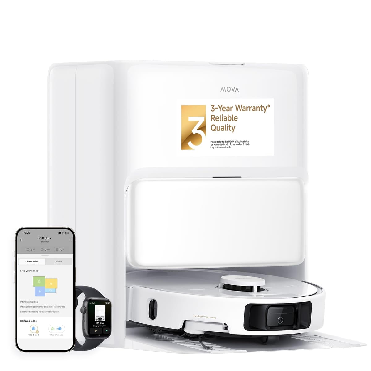 Mova P50 Ultra Aspiradora Robot con Mopa Flexible, Potencia de Succión de 19,000 Pa con Cepillo Antienredos, Limpieza de Esquinas y Bordes, Limpieza Automática y Autosecado a 167℉, Auto Vaciado y Reabastecimiento RLP23SE