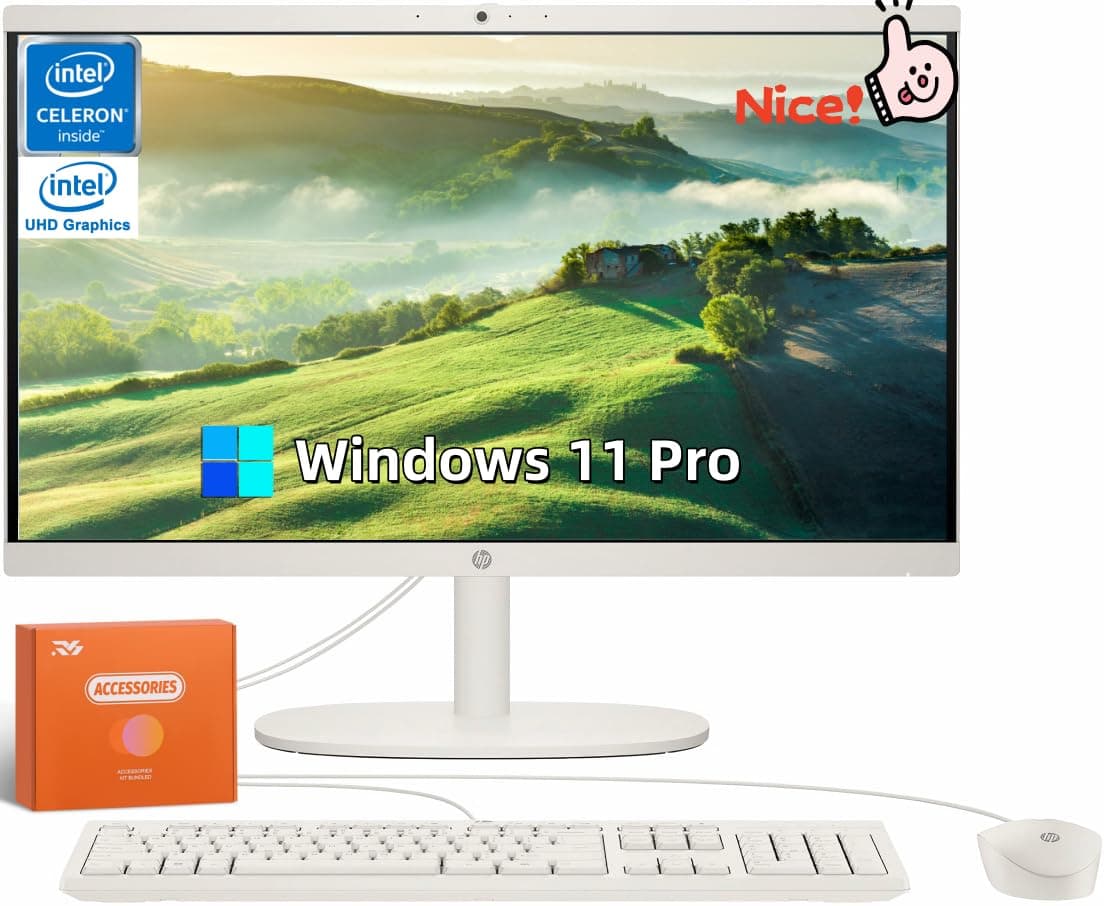 Computadora de escritorio todo-en-uno HP, pantalla FHD de 21.5", 16 GB RAM, SSD de 1 TB, Intel Celeron J4025, cámara web, gráficos Intel UHD, Wi-Fi 6, Bluetooth, HDMI, Windows 11 Pro, teclado y mouse con cable, con accesorios HP All-in-One Desktop PC