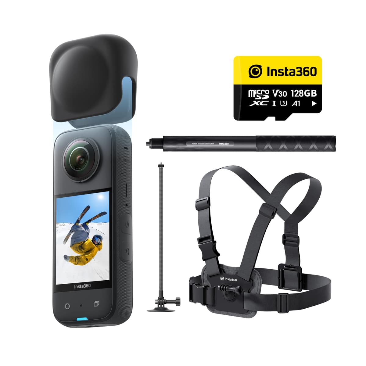 Insta360 X3 Snow Kit (Nueva Versión) Cámara 360 5.7K + 4K, Estabilización FlowState, Kit para Nieve con Selfie Stick y 128GB CINSAAQ/B-SKN
