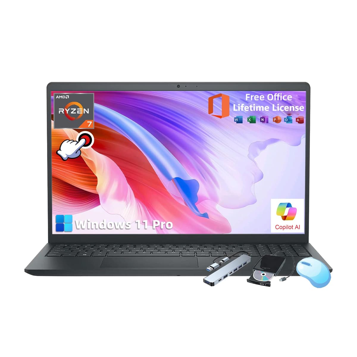Dell Inspiron 3535 para Negocios - con Office de por Vida y Unidad DVD Externa • Pantalla Táctil FHD 15.6" • AMD Ryzen 7 7730U • Webcam HD • Copilot • Windows 11 Pro (32 GB RAM | 1 TB SSD)