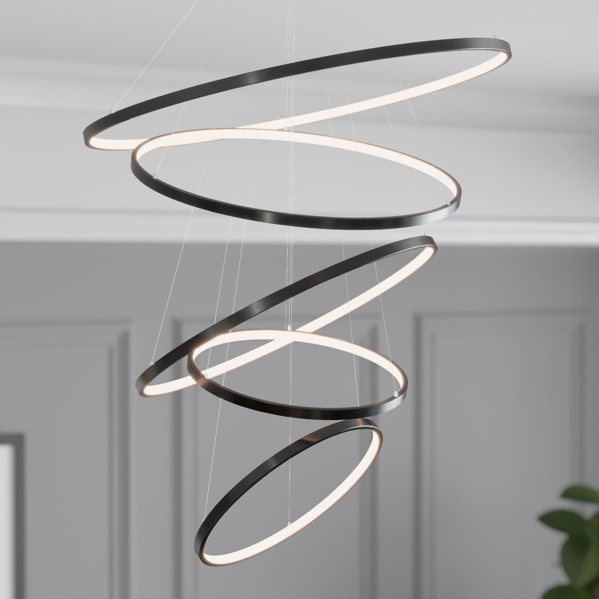 MOD LIGHTING Janet | Araña LED moderna de aros para techo alto (Negro, Luz Cálida, 5 aros) MOD026-BK-05-WW