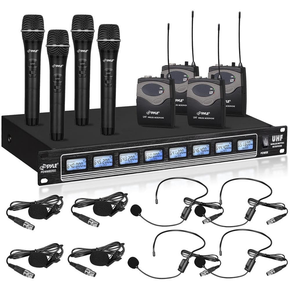 Pyle PDWM8350 - Sistema inalámbrico UHF 8 canales (4 handheld + 4 bodypacks)