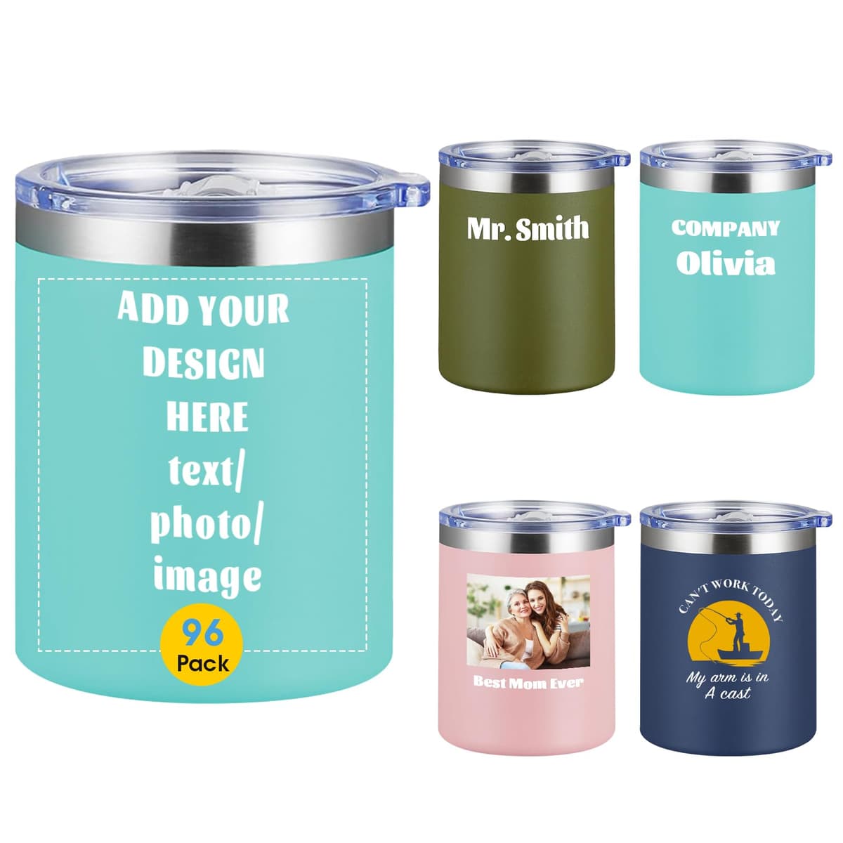 COMOOO Vaso Térmico Personalizado 12oz, Acero Inoxidable, Tapa, Azul, Pack 96