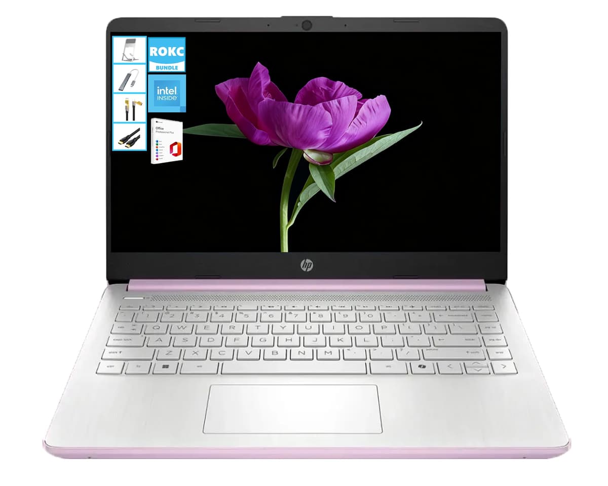 Portátil HP AI de 14" HD con Microsoft Office y 1 TB de almacenamiento en la nube incluido por 1 año | 16 GB RAM | 128 GB SSD | CPU Intel de 4 núcleos | Cámara web | Wi-Fi | Bluetooth | Ultra ligero | Windows 11 | Paquete RK | Morado 14-dq6014dx