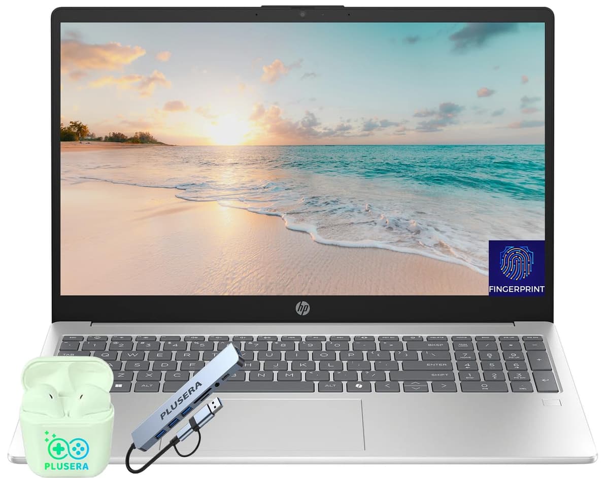 HP Laptop para Negocios y Estudiantes 15.6" FHD, 32 GB RAM 2 TB SSD, Intel Core i3 de 8 núcleos, Windows 11 Home con Copilot AI, Lector de huellas, Audífonos PLUSERA y Hub 8 en 1 Incluidos, Plata HP 15