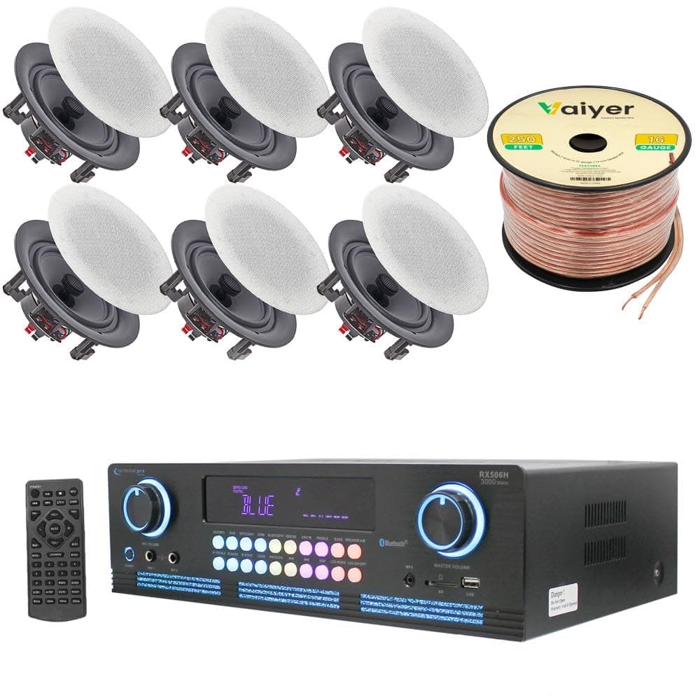 Technical Pro KTTP136 Kit Home Theater 2000W con amplificador Bluetooth, 6 parlantes 5.25" y 250 ft cable 16 AWG