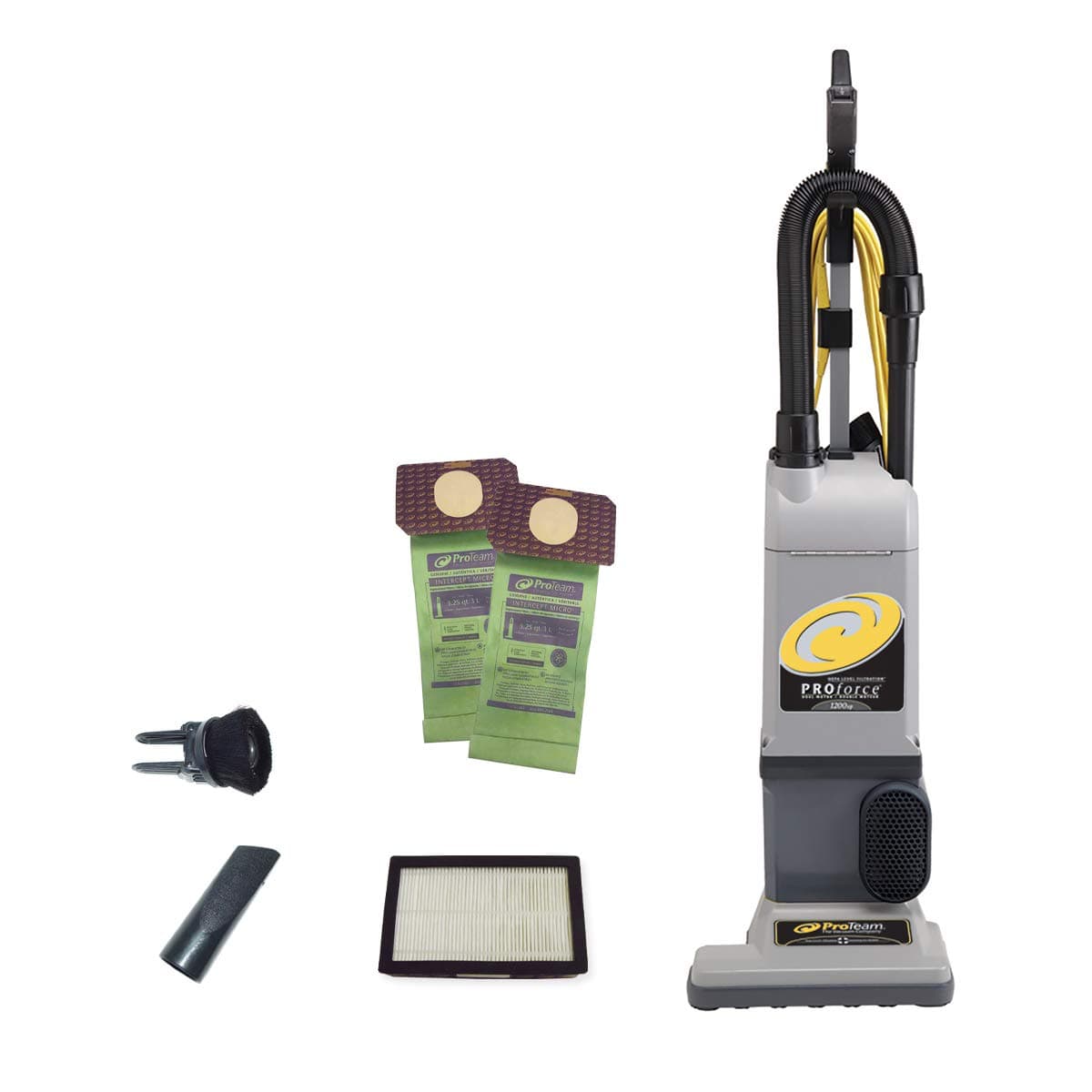 ProTeam ProForce 1200XP Aspiradora vertical comercial bagged, doble motor, 12" cabezal L, filtración ProLevel HEPA 107251