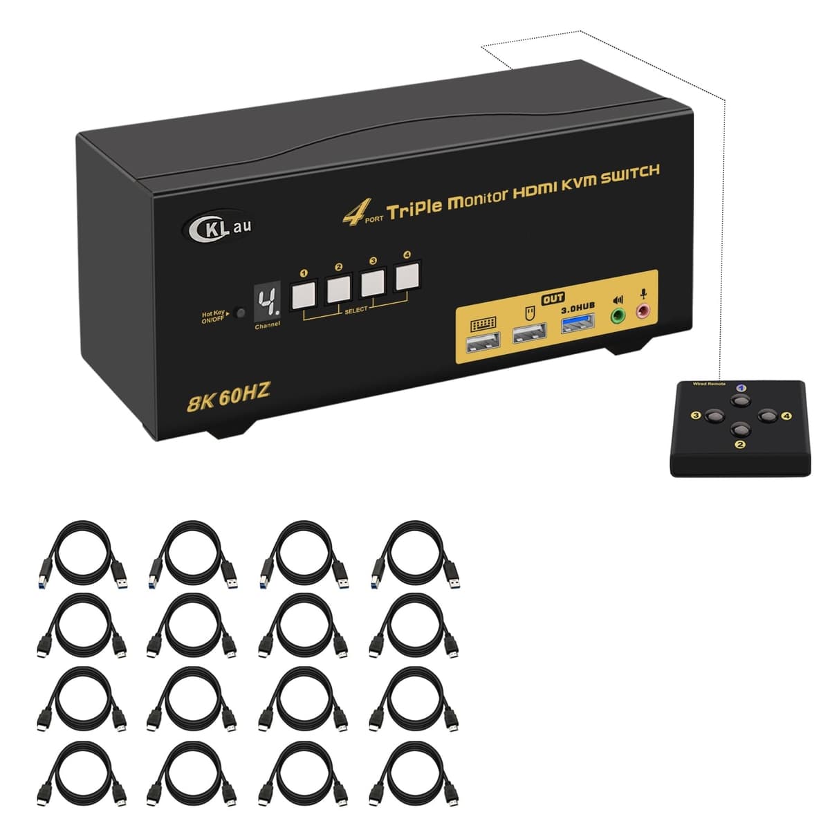 CKLau KVM Triple Monitor HDMI 4-Port con Hub USB 3.0 y Soporte 8K KVM Switch