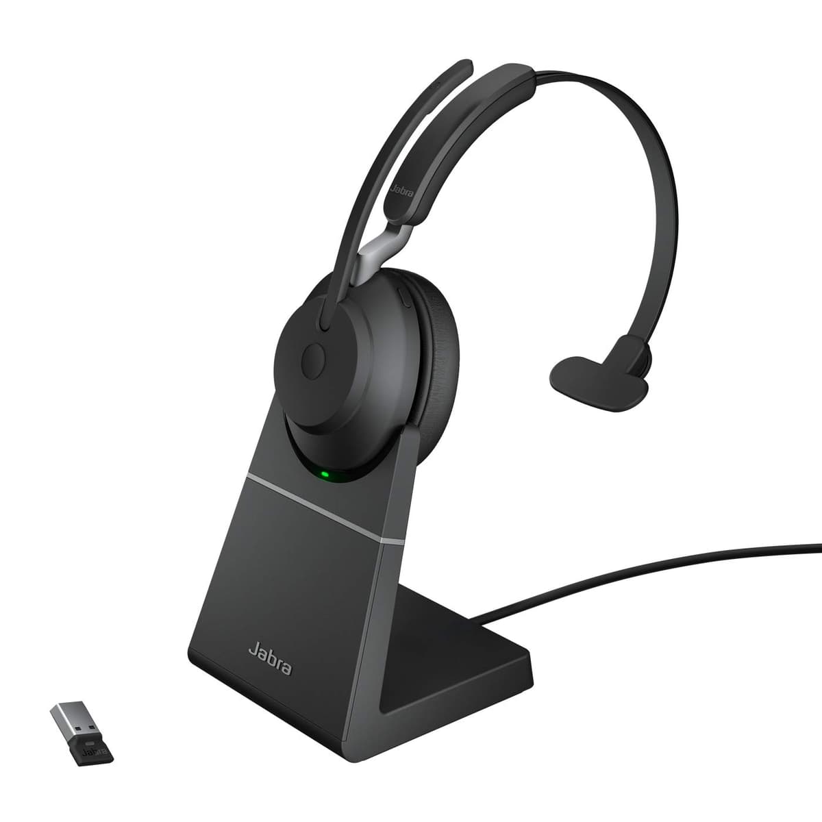 Jabra Evolve2 65 UC Mono USB-A con base de carga, negro, audífono inalámbrico de un solo oído, batería continua hasta 37 horas, incluye base de carga dedicada, ideal para teletrabajo, reuniones en línea y clases virtuales 26599-889-989