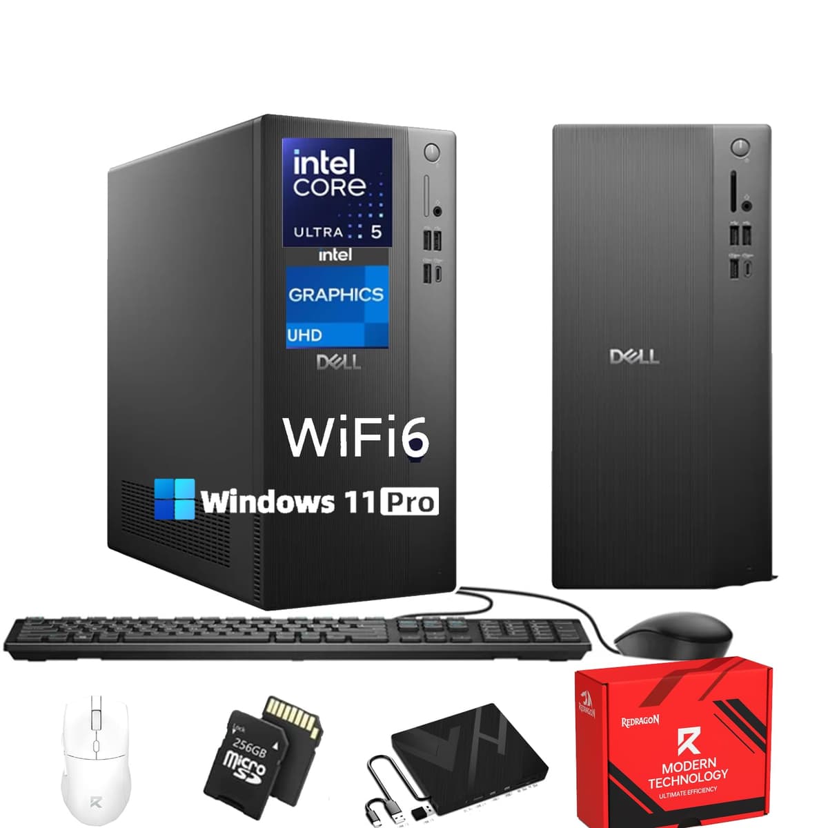 Computadora de Torre Dell - Intel Ultra 5 de 10 núcleos 225 (hasta 4.9 GHz), Intel UHD Graphics, HDMI, Windows 11 Pro, Teclado y Mouse con Cable, Wi-Fi 6, Bluetooth 5.4, con Accesorios (32GB DDR5 | 1TB SSD) Dell Tower Deaktop