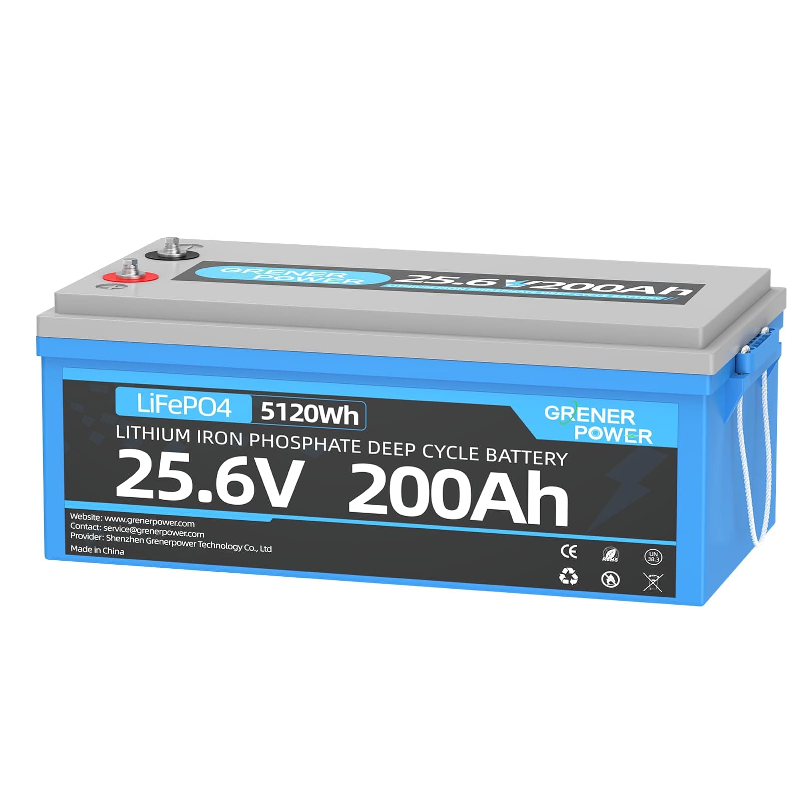 GRENERPOWER 25.6V 200Ah LiFePO4 Battery con BMS 100A - 5120Wh, 4000-15000 ciclos, 10 años de vida - Ideal para RV, Trolling Motor, Solar off-grid y sistema doméstico GP 25.6V 200Ah