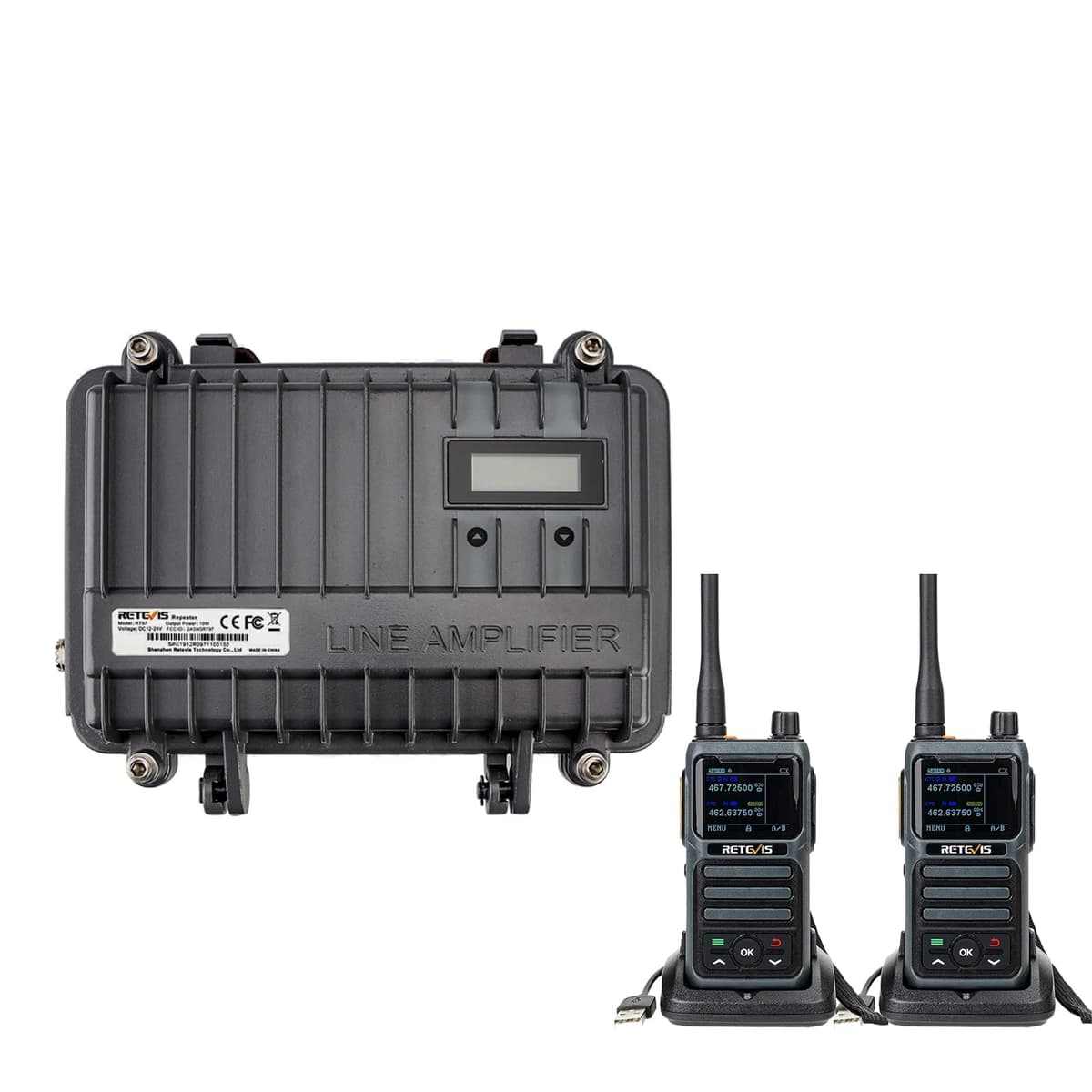 Retevis RT97 Set Repetidor y Radios GMRS - Repetidor full duplex y 2 portátiles para comunicación de larga distancia FA9150C-A9216AX2