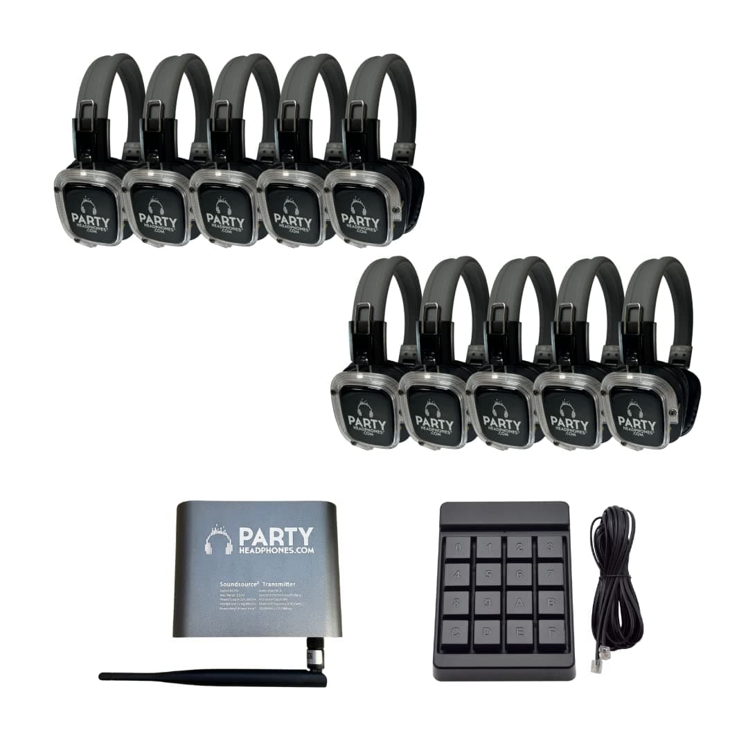 PARTY HEADPHONES .COM Set Silent Disco: 10 auriculares inalámbricos RF + transmisor, luces LED y 1500 ft alcance SS2_WT-P