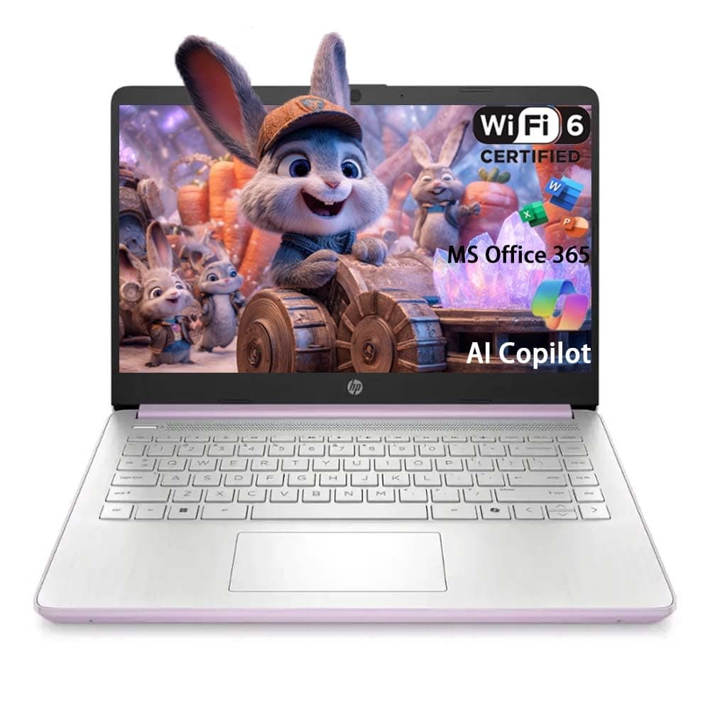 HP Stream 14 para Estudiantes y Negocios, Microsoft Office 365, Copilot AI, 1TB de Almacenamiento en la Nube, Procesador Intel N150 (Cuatro núcleos), 32GB RAM, 128GB UFS, Color Honey Lavender, Windows 11 Home, con Kit 5ave 14-dq6000