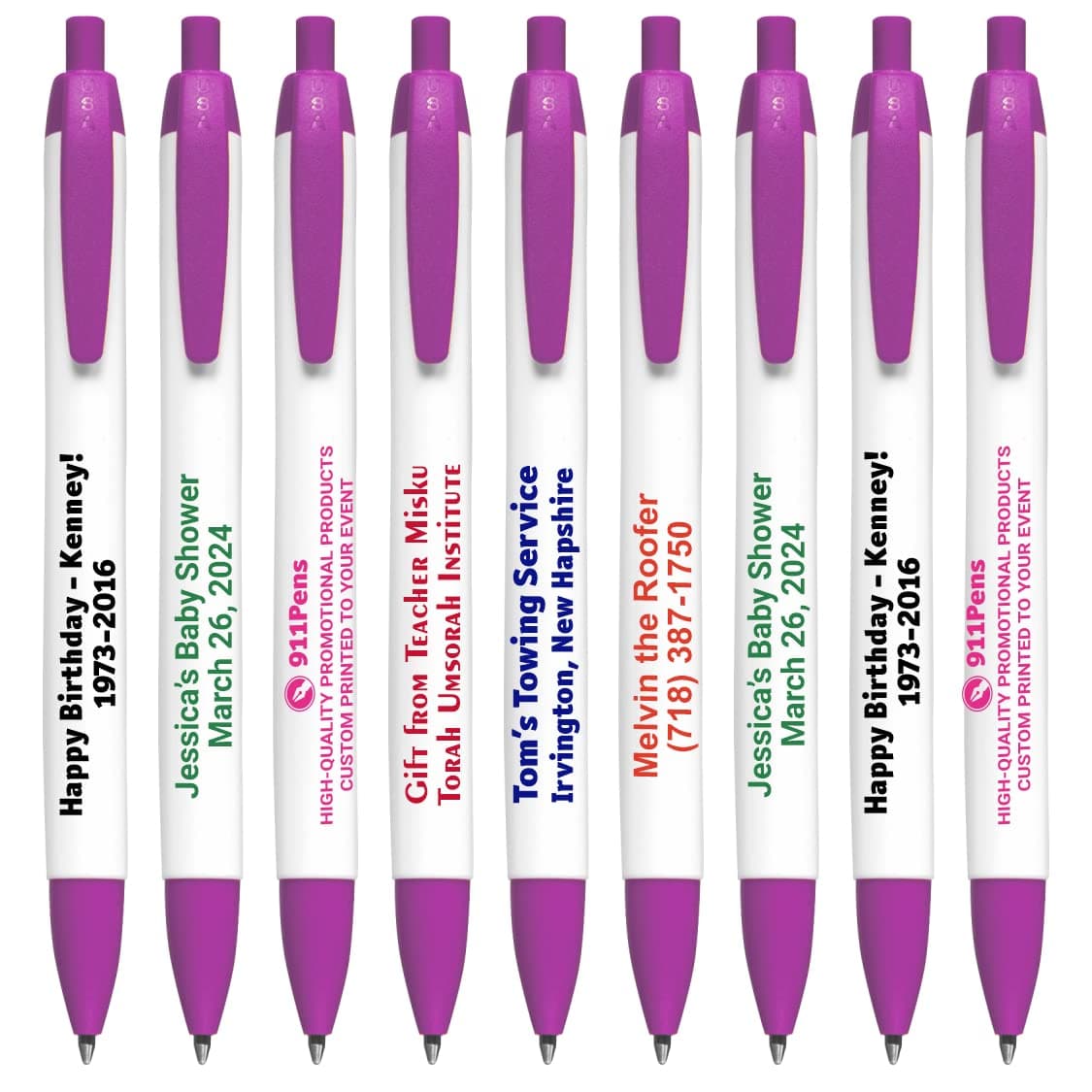 911 Pens 400 Pack Bolígrafos personalizables blancos con recorte morado - USA Made 125W-0400-Purple