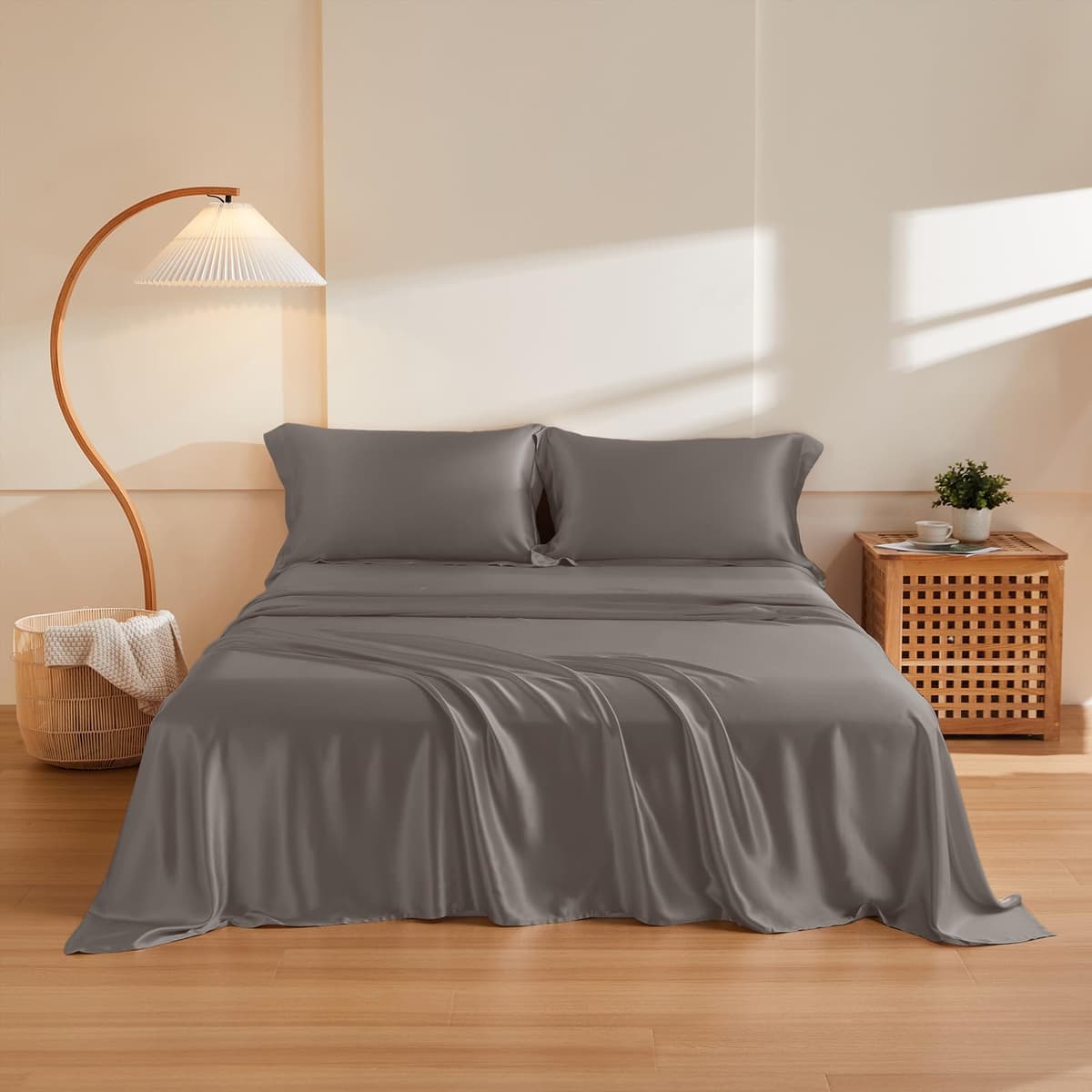 Juego de sábanas de seda THXSILK 4 piezas 100% seda mulberry (Cal. King, Charcoal)