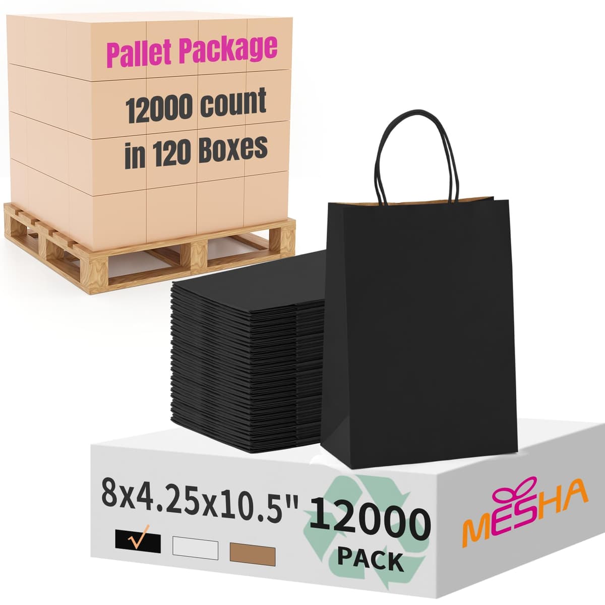 MESHA Gift Paper Bags 8x4.25x10.5 Inch - 12,000 pack (Black)