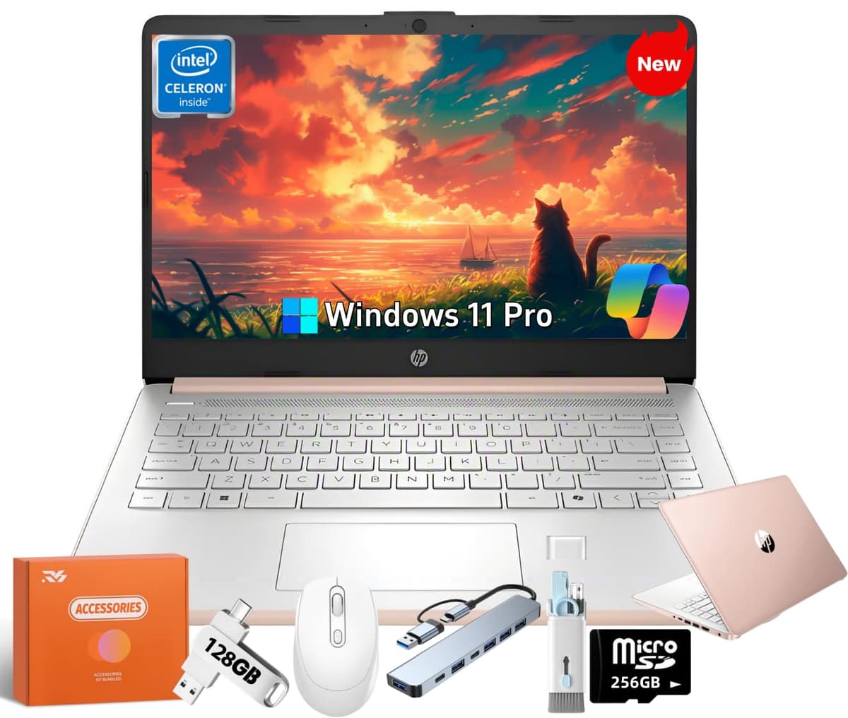 HP 2025 Laptop, Intel 4 núcleos N150 (similar al N4120), 14" LED 250 nits, 16 GB RAM, 384 GB almacenamiento (128 GB UFS + 256 GB microSD), cámara web, Wi-Fi, HDMI, Windows 11 Pro y Microsoft Copilot, rosa dorado, con accesorios HP 14 Inch Laptop
