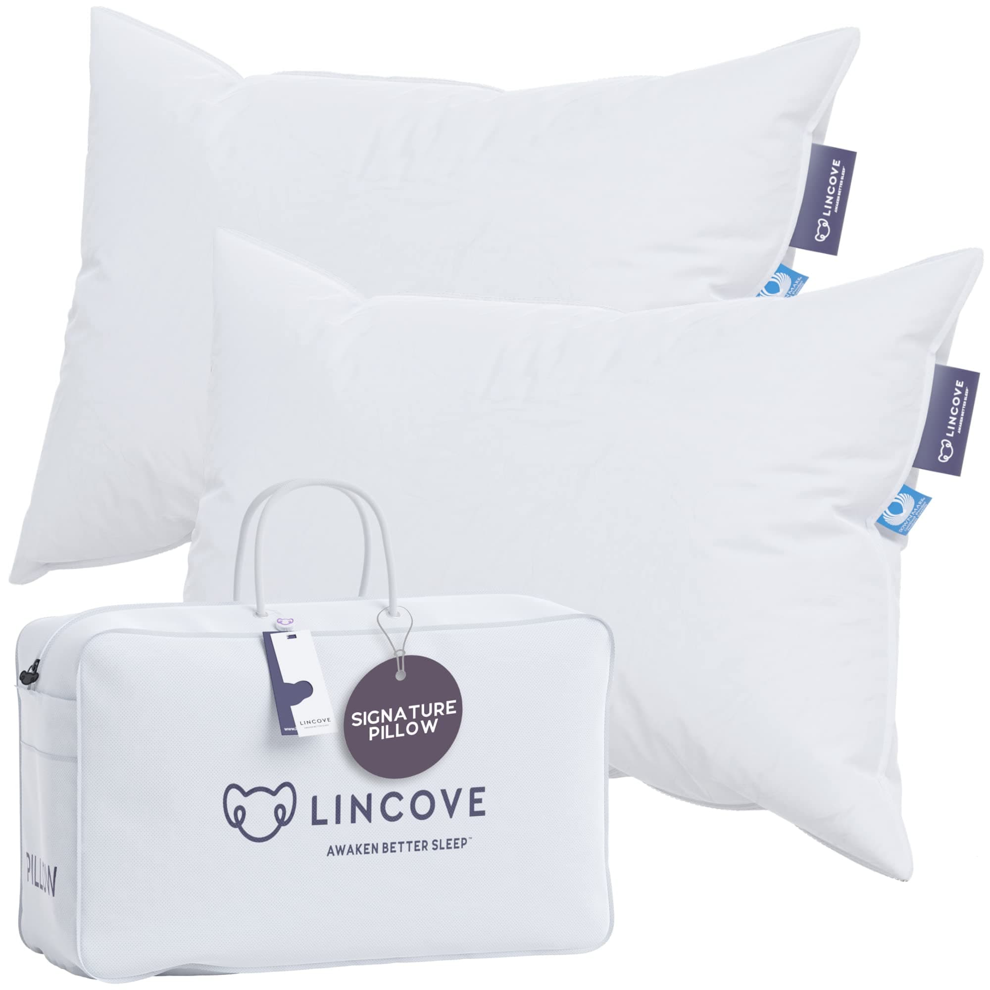Lincove Signature Almohada de Dormir de Lujo de Plumón Blanco Canadiense 100% Natural - Poder de Relleno 800, Funda de Algodón 500 Hilos, Hecho en Canadá, Queen - Mediana, Pack de 2 LSNPMQ2
