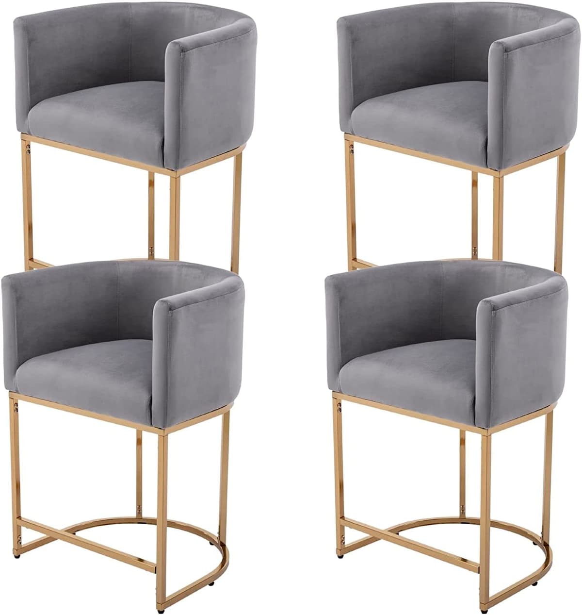 RIVOVA Set x4 Taburetes de barra Velvet Gris 24" tapizados, base metálica dorada