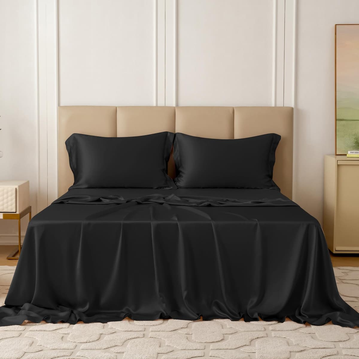 THXSILK Juego de sábanas de seda 22 Momme 4 piezas para Cal. King, Negro