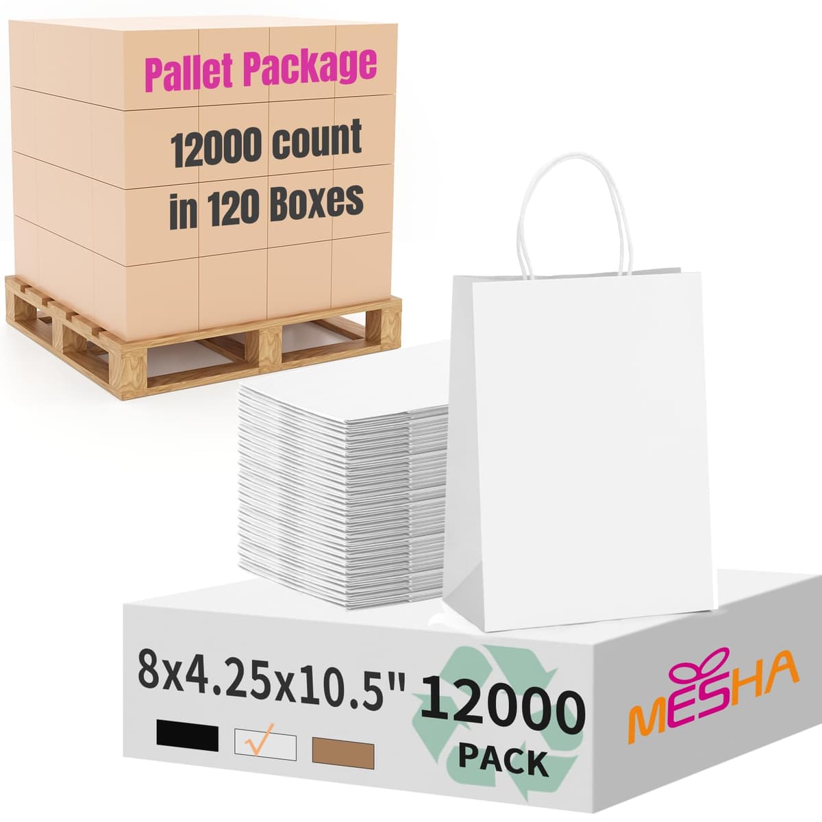 MESHA Gift Paper Bags 8x4.25x10.5 Inch - 12,000 pack (White)