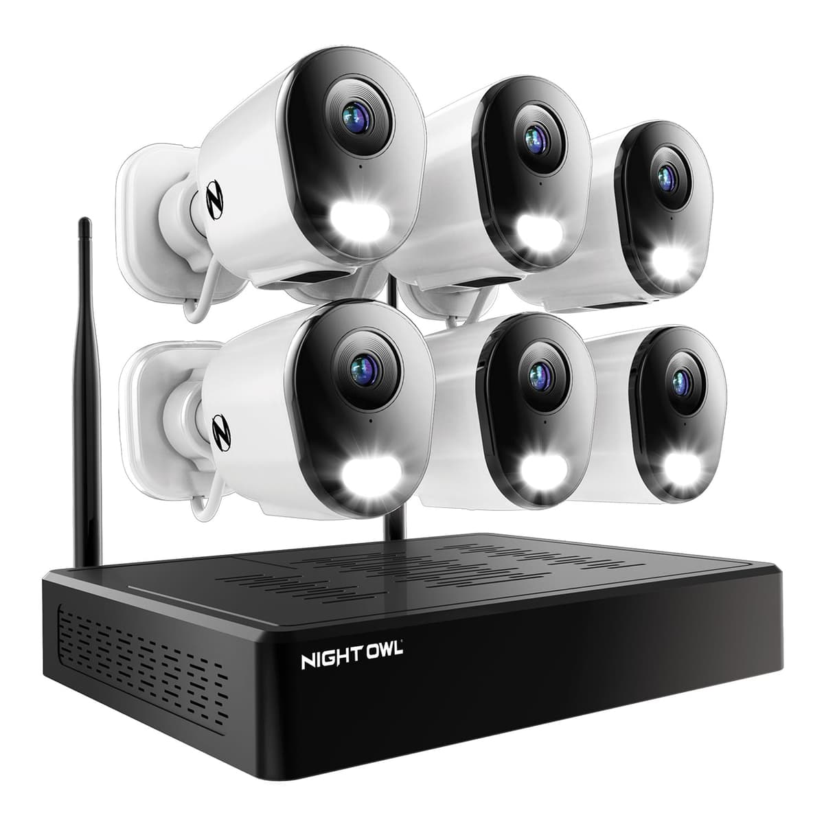 Night Owl sistema de seguridad para el hogar con vídeo Bluetooth de 10 canales con (6) cámaras spotlight 2K HD Wi-Fi enchufables para interior/exterior con audio bidireccional y disco duro de 1 TB (expandible hasta 10 cámaras) BTWN81-F4-4L