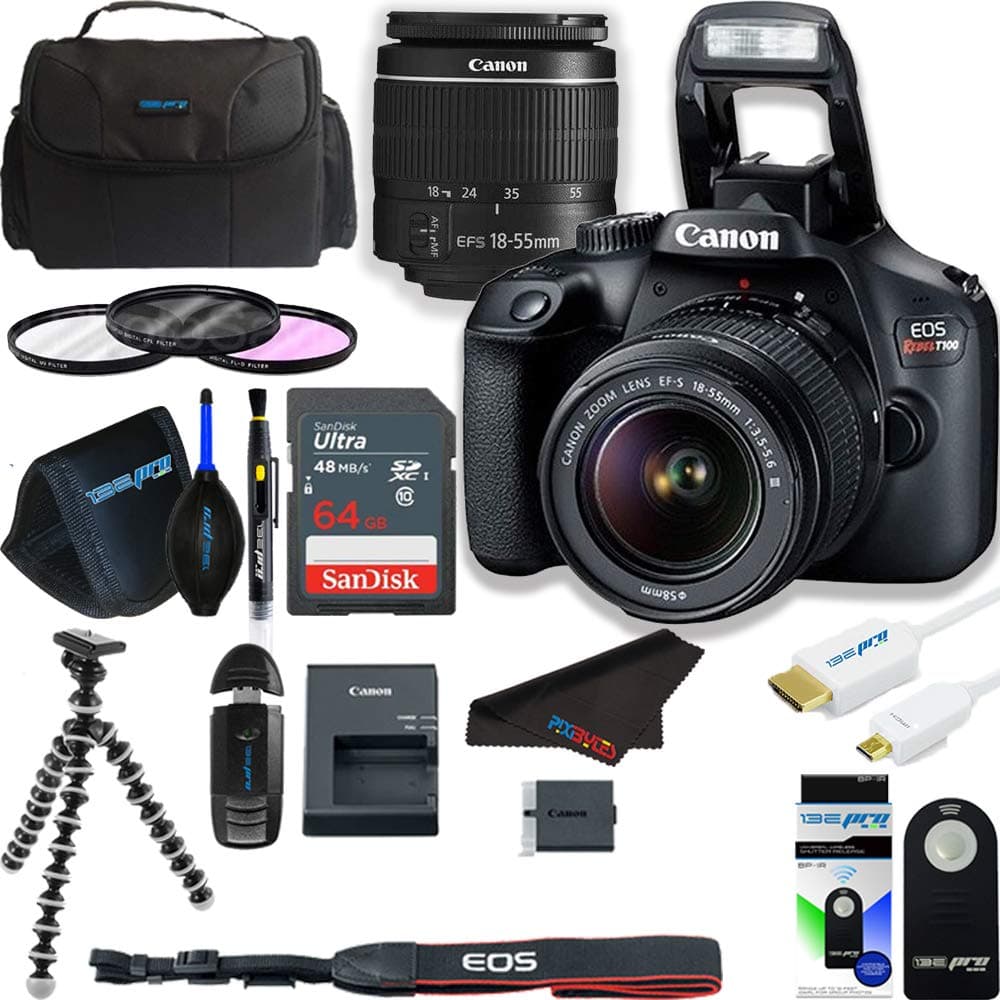 Canon Cámara DSLR EOS Rebel T100 (EOS 4000D) con lente zoom 18-55 mm DC III y paquete Pixibytes Deluxe (Reacondicionada) 3011C003AA