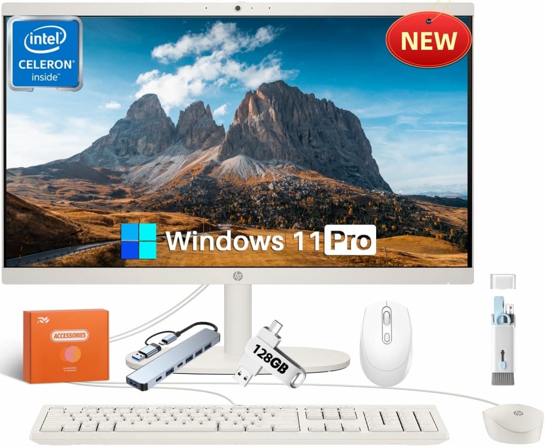 Computadora de Escritorio All-in-One HP, Pantalla FHD 21.5", 32 GB RAM, SSD 1 TB, Intel Celeron J4025, Webcam, Intel UHD Graphics, Wi-Fi 6, Bluetooth, HDMI, Windows 11 Pro, Teclado y Mouse con Cable, con Accesorios RH HP All-in-One Desktop PC