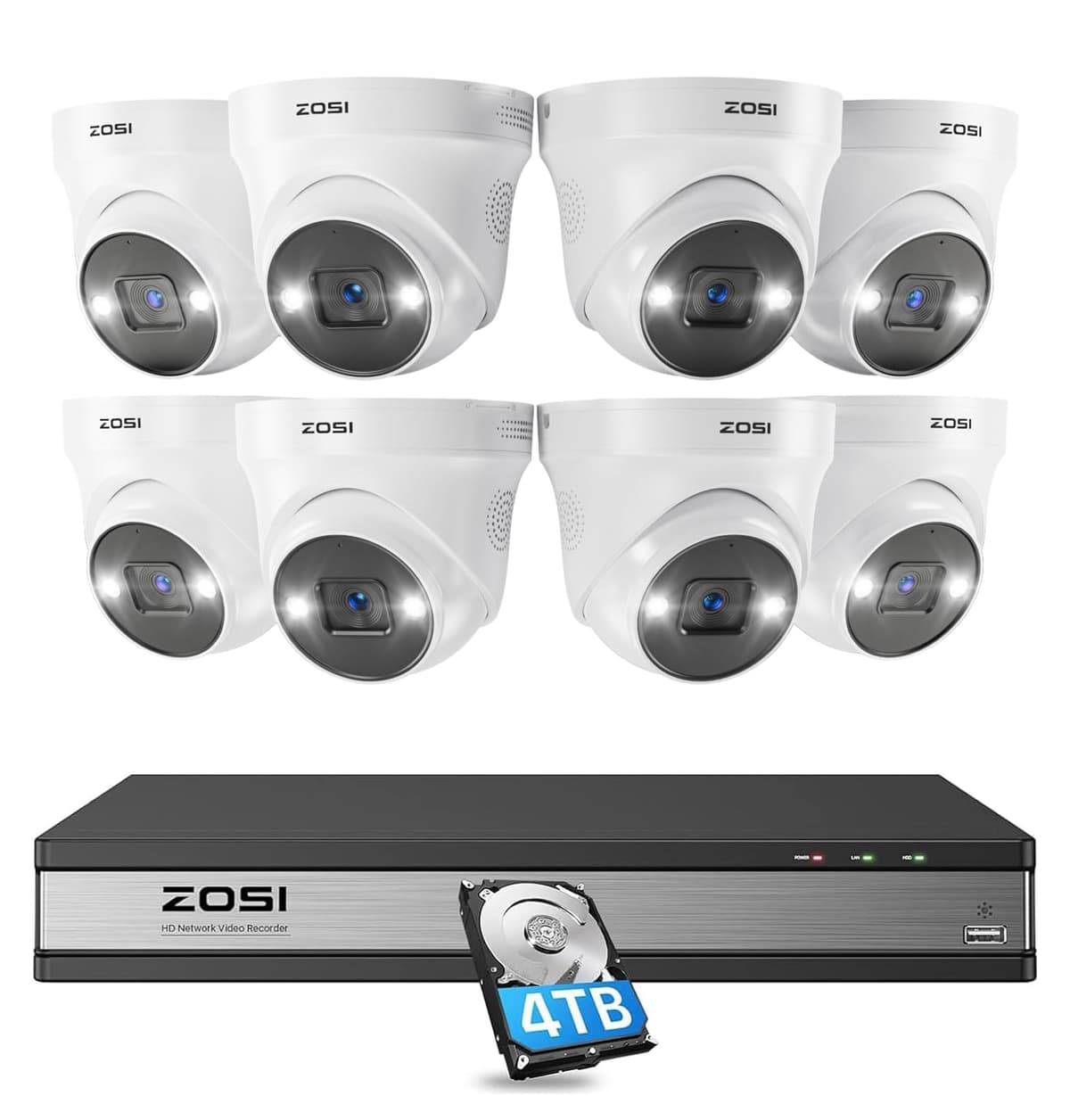Sistema de Cámaras de Seguridad ZOSI 16 Canales 4K PoE, 8 Cámaras PoE 5MP Exterior/Interior con Audio Bidireccional, Detección de Personas y Vehículos, Visión Nocturna a Color, NVR de 16 Canales 8MP con HDD de 4TB para Hogar y Negocio 24/7 168K4-2255W8-US-V2