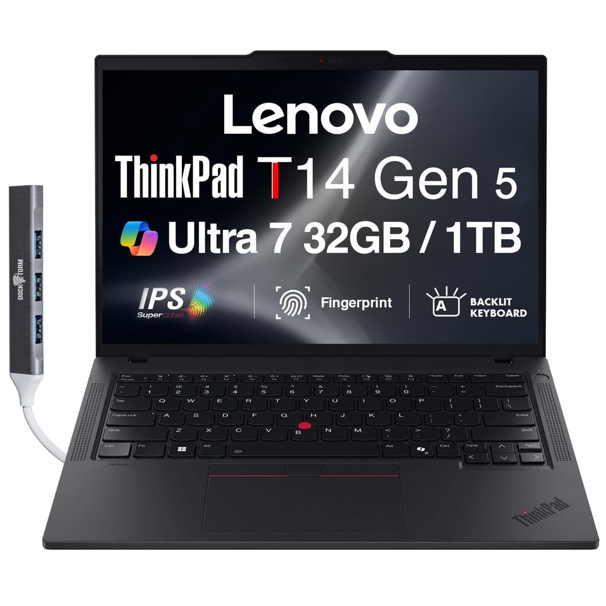Lenovo ThinkPad T14 Gen 5 Business Laptop 14.0" FHD+ (Intel Core Ultra 7 155U, 32GB RAM, 1TB PCIe SSD, Copilot, Thunderbolt 4, Webcam, Win11P) con Dockztorm Hub