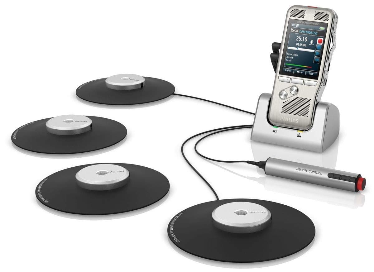 Philips DPM8900/02 PocketMemo Meeting Recorder Kit con 4 Micrófonos Boundary 360° y Suscripción SpeechExec Basic 2 Años